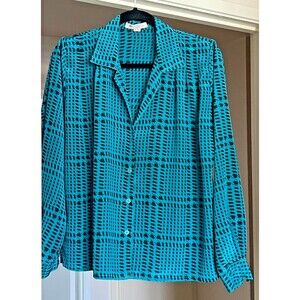 Ladies Vintage 80’s Blouses Inc. Size 12 Teal Black Houndstooth Pattern Japan